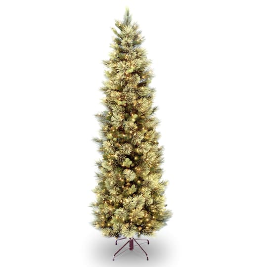 9 Ft Pre Lit Carolina Pine Slim Artificial Christmas Tree With Flocked Pine Cones Clear Lights Flocked Christmas Tree Pre Lit 9ft